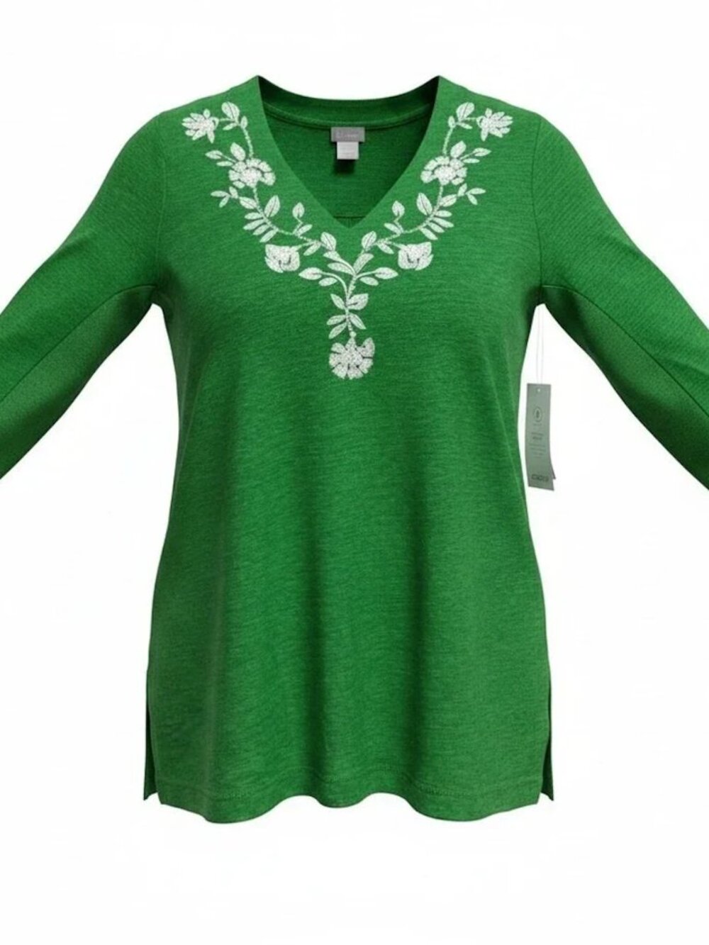 Chico's Embroidered Linen 3/4 Sleeve Tunic Women's Medium Green Floral - Picture 3 of 10